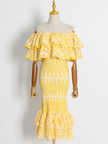 Woochic robe cocktail deux-pièces irrégulière à volants bustier sirène taille haute jaune S